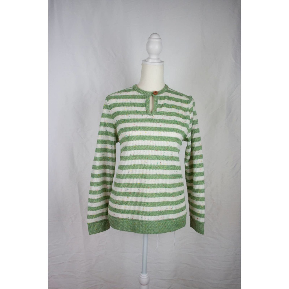Vintage Green and White Striped Ribbed Knit Sweater with Colorful Specks